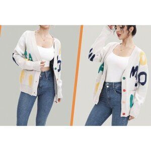 Women's Sheep Embroidered Sweater V-Neck Cardigan Cream Size Large